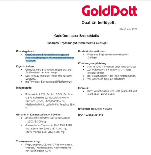GoldDott cura Bronchialis 500 ml zur Unterstützung der Atemwege für Geflügel