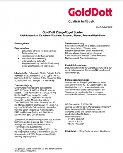 GoldDott Ziergeflügel Starter Pur 25 kg Aufzuchtalleinfutter für Wachteln, Fasanen, Pfauen, Perl- und Rebhühnern